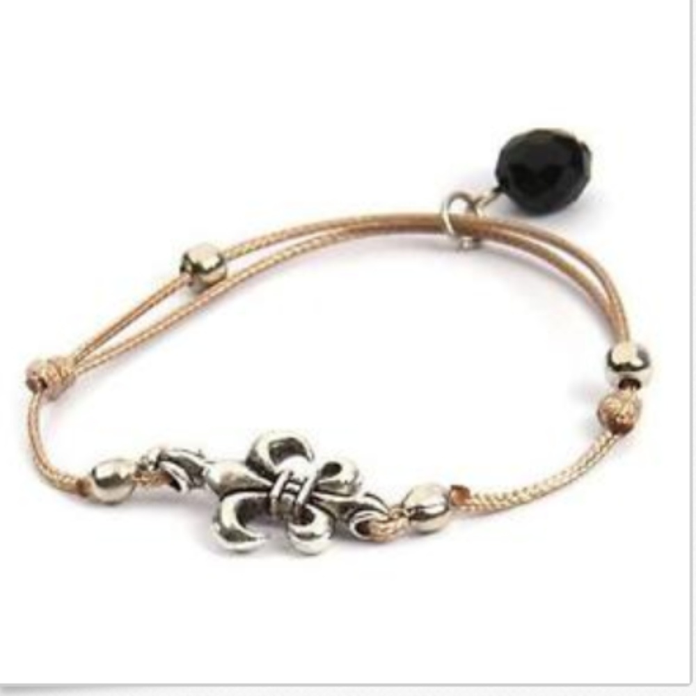 Fleur de Lis Bracelet Silver Shamballa Mardi Gras Beige Gray Cord Rope Adjusts